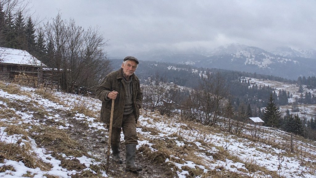 Bronisław Chowaniec z laską na zimowej drodze pod Tatrami